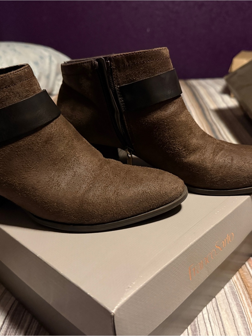 Franco Sarto Brown Suede Chukka Ankle Boots with Black Strap